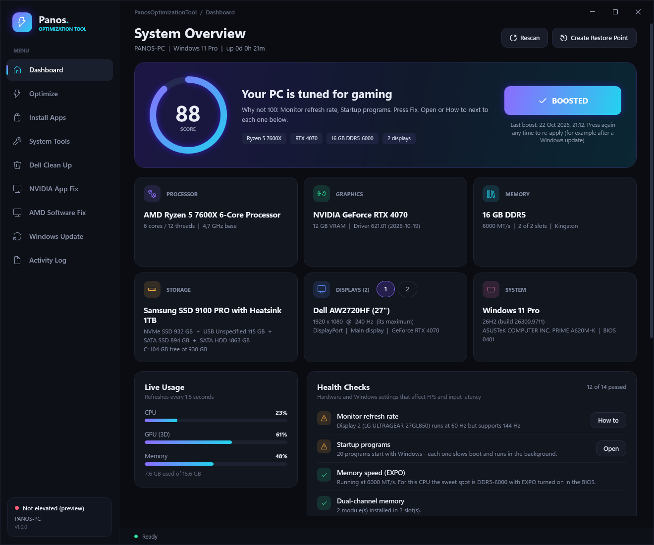 PanosOptimizationTool dashboard: optimization score 88, processor, graphics, memory, storage, displays and health checks